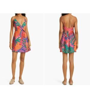 Farm Rio Linen Bright Macaw Side Buttons Mini Dress Size Large